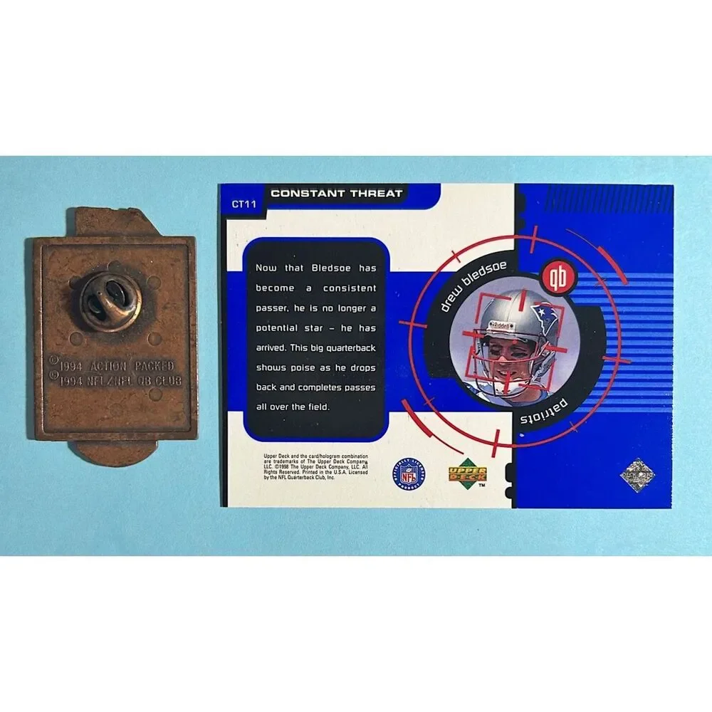 1998 UD Patriots Drew Bledsoe Constant Threat card #Ct-11 & '94 AP 3-D Photo Pin
